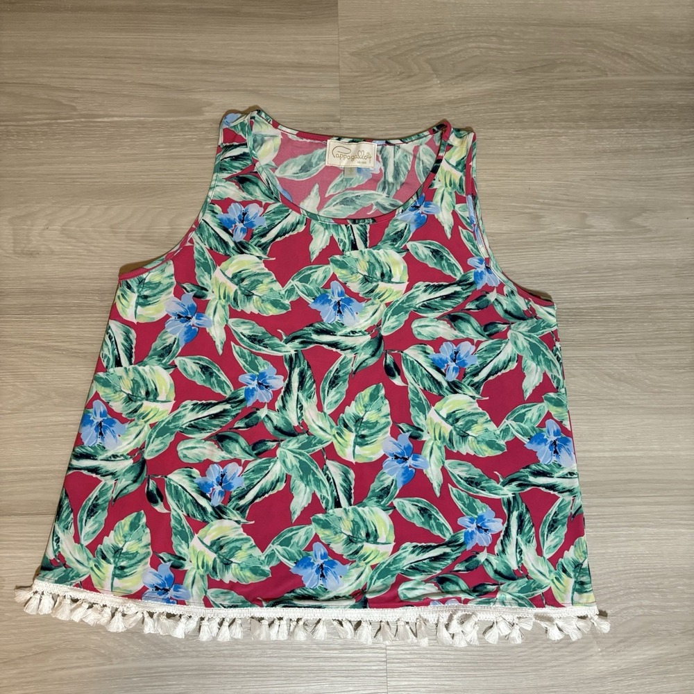 Pappagallo Womens Top Large Tropical Floral Tassel Fringe Tank Pink Green Blue L